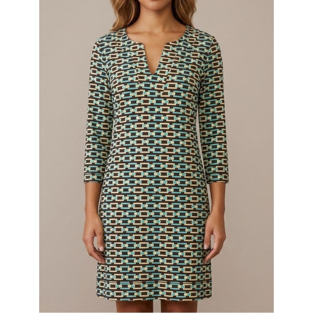 Jude Connally Dress Medium Brown Teal Geometric Chain Link V-Neck 3/4 Sleeve USA